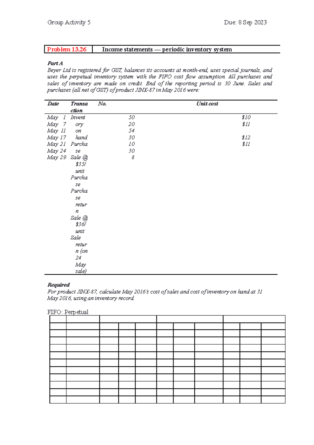 Group Activity 5 on Chapter 13 Inventories - Group Activity 5 Due: 8 ...