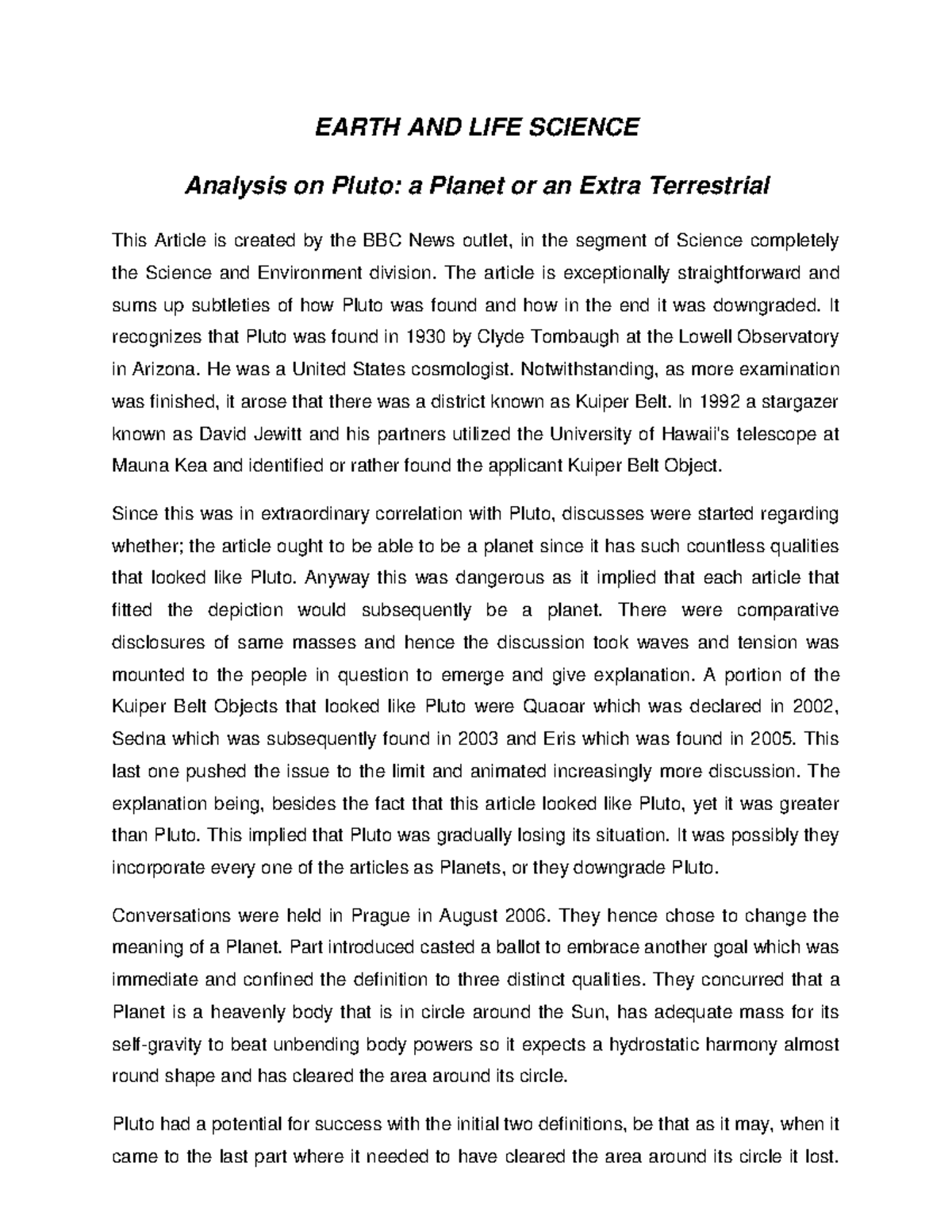 Analysis on Pluto a or an Extra Terrestrial EARTH AND LIFE