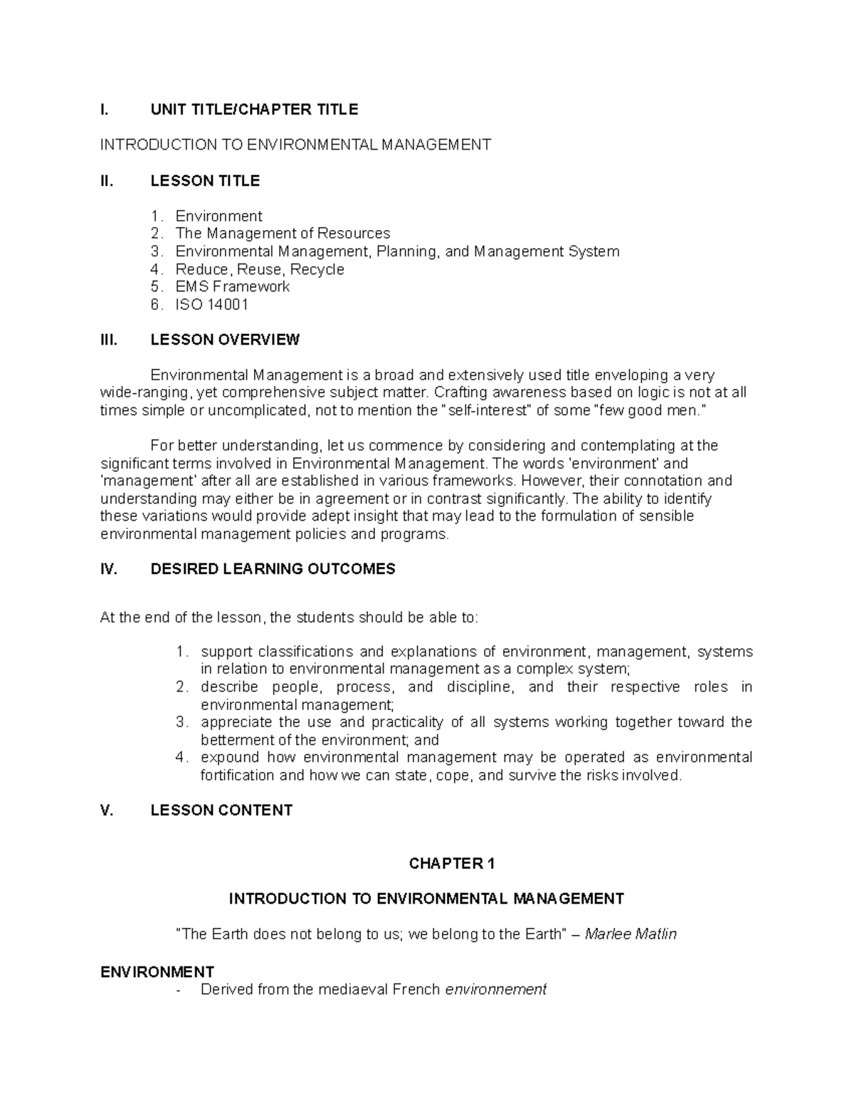 Environmental Management. Module 1. 1 - I. UNIT TITLE/CHAPTER TITLE ...