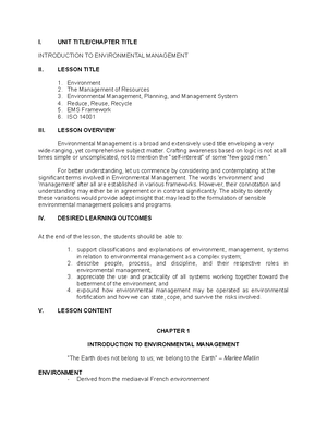 Environmental Management. Module 3. 1 - I. UNIT TITLE/CHAPTER TITLE ...