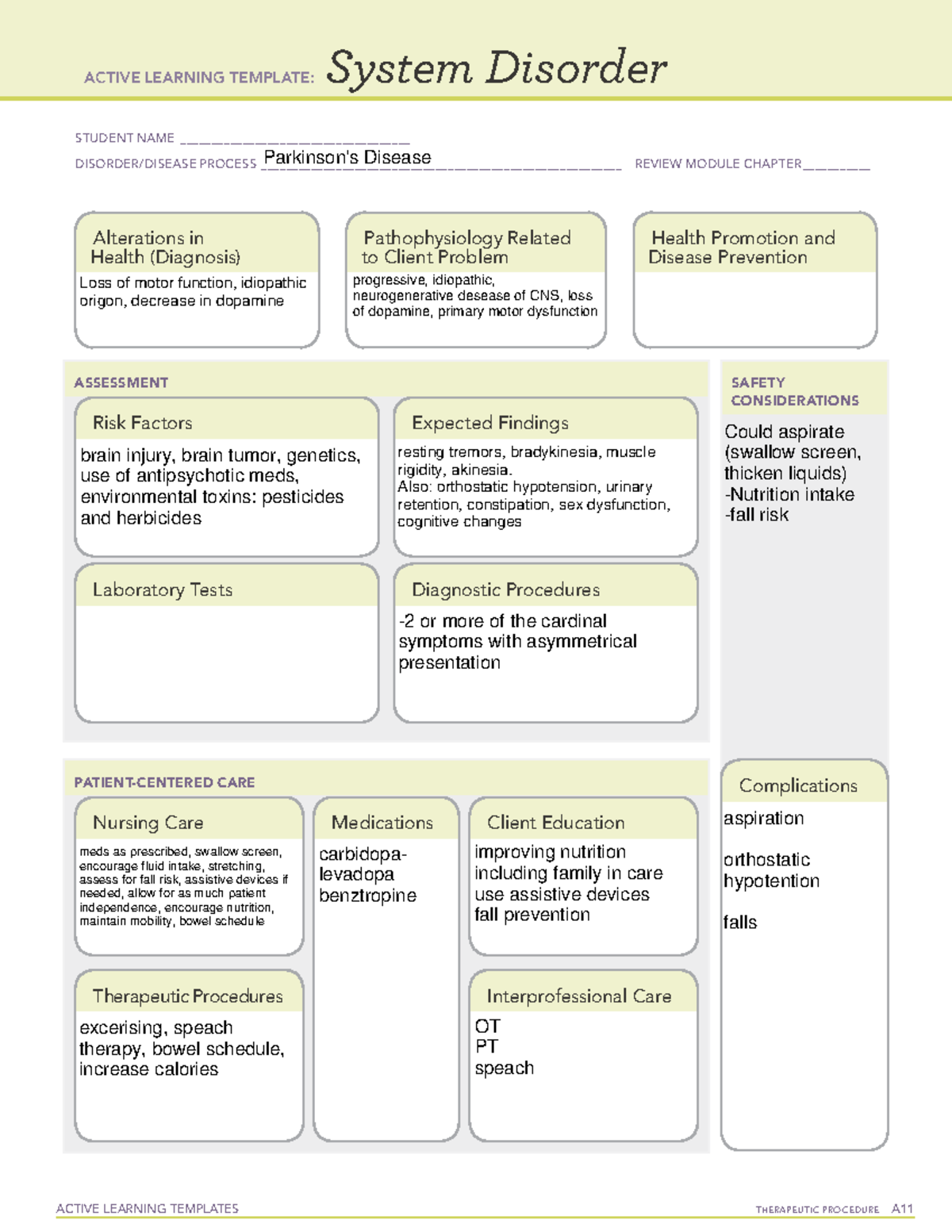 System disorder PD - Notes - ACTIVE LEARNING TEMPLATES THERAPEUTIC ...