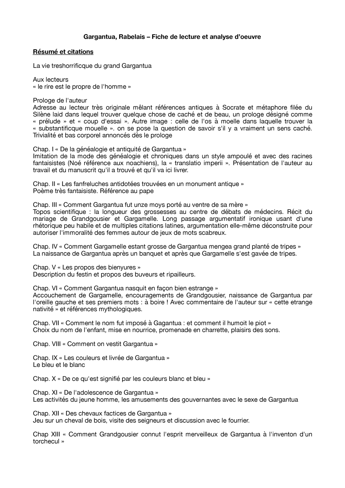 Fiche Gargantua de Rabelais et analyse PDF  Gargantua, Rabelais