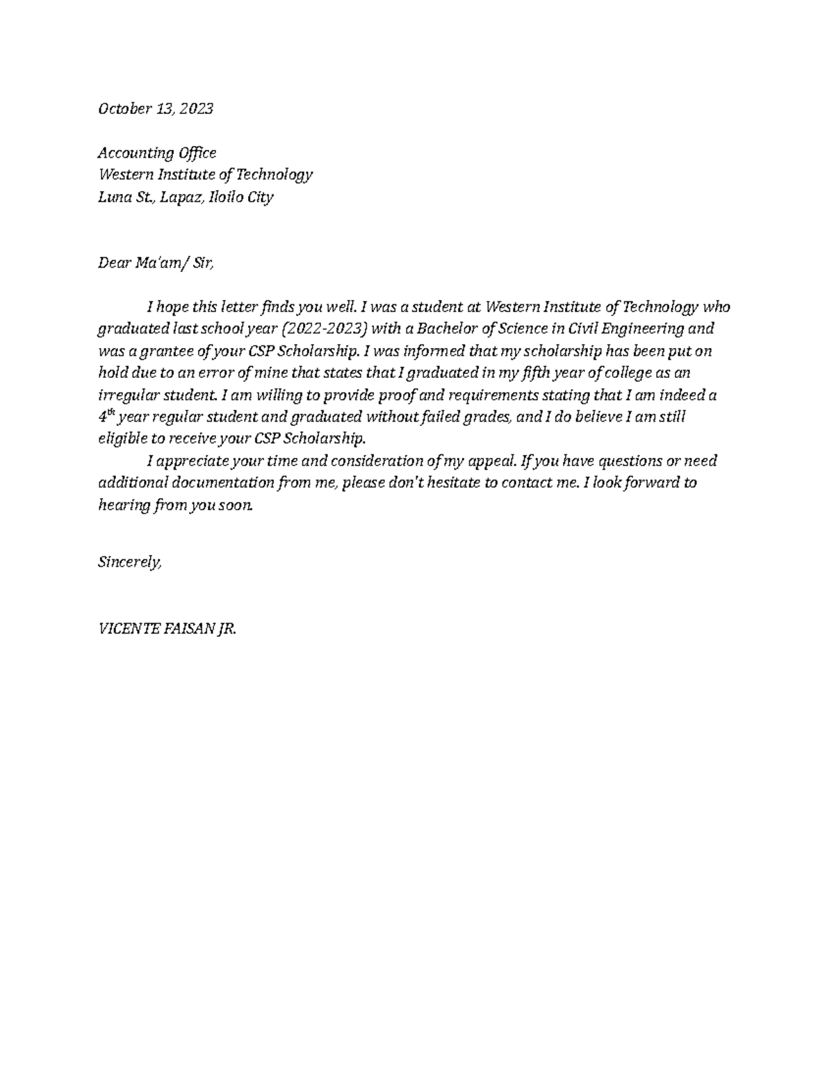 Letter of appeal - ok - October 13, 2023 Accounting Office Western ...