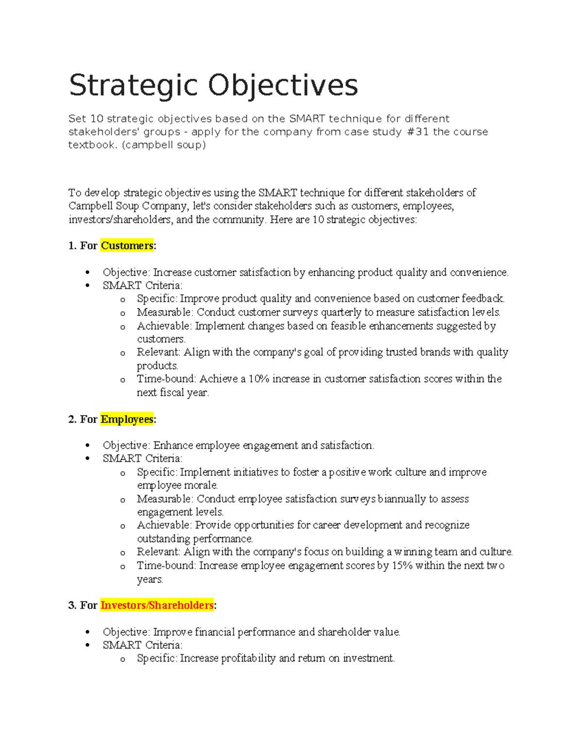 Strategic Objectives - (campbell soup) To develop strategic objectives ...