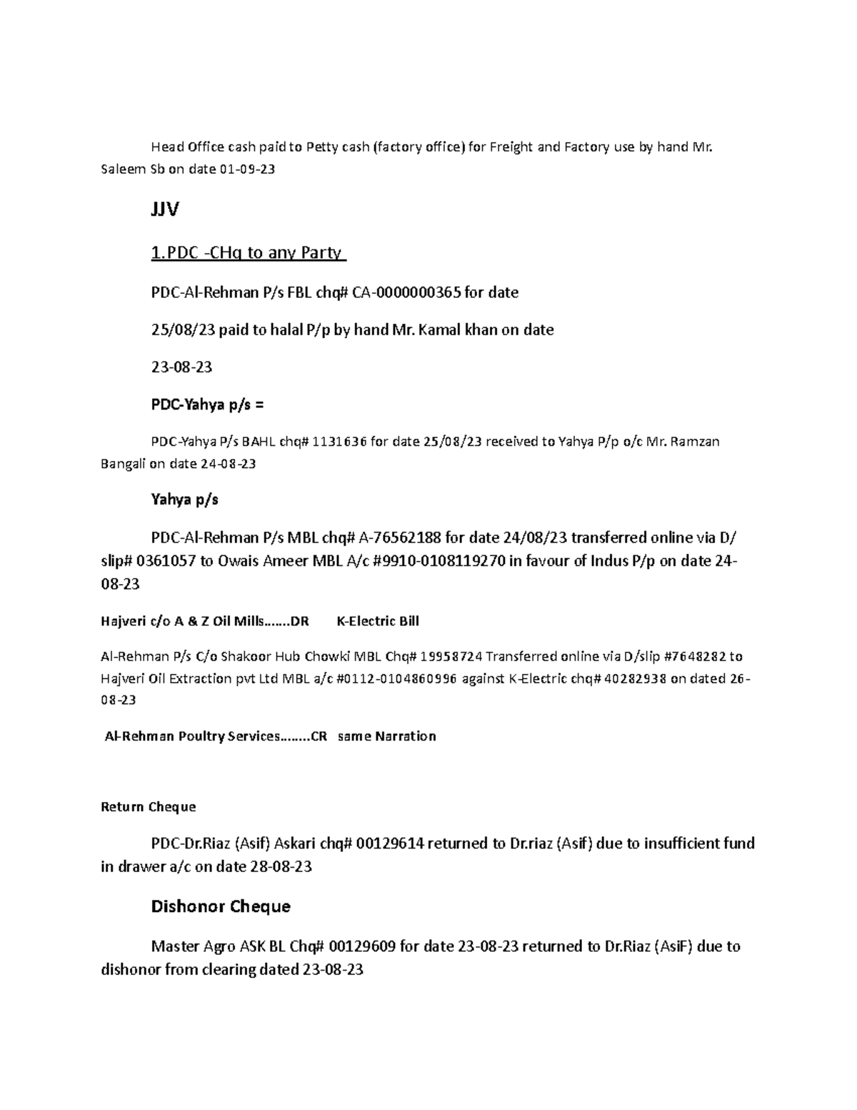 Entry - Head Office cash paid to Petty cash (factory office) for ...