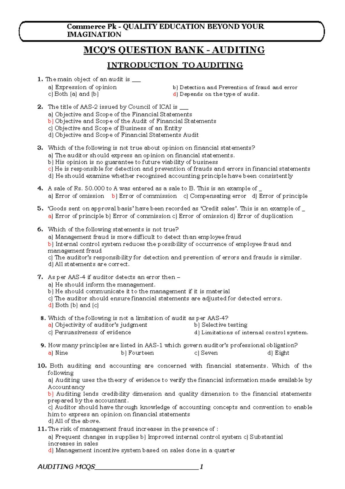 Auditing MCQs Pdf - Commerce Pk - QUALITY EDUCATION BEYOND YOUR ...