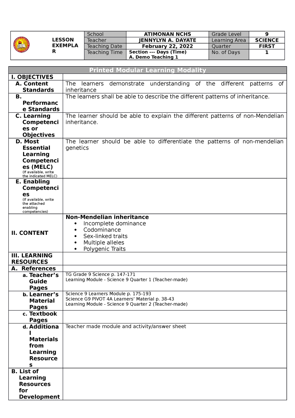 Non Mendelian Inheretance - LESSON EXEMPLA R School ATIMONAN NCHS Grade ...