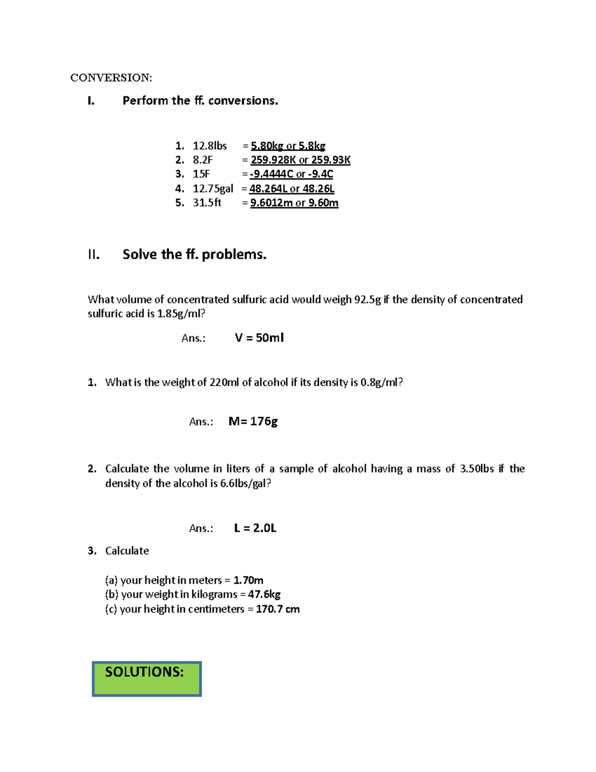 General chemistry conversions problems and answers conversion i