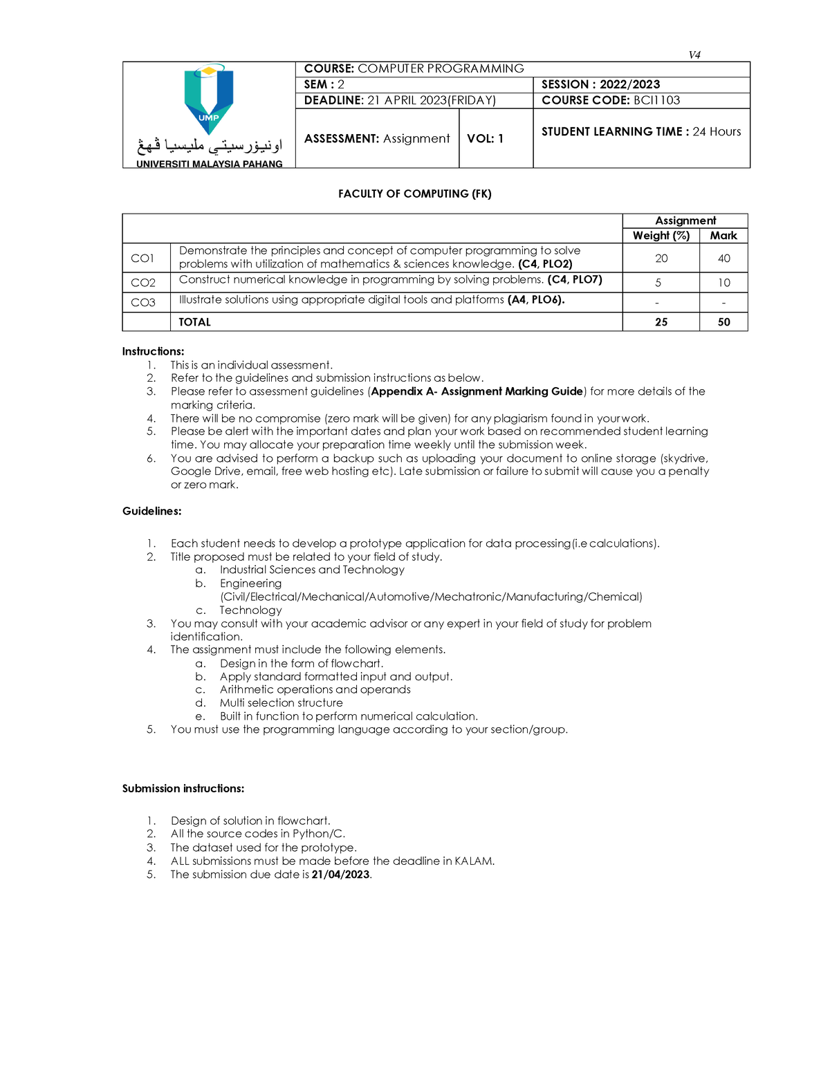 Assignment Sem II 20222023 V2 - V COURSE: COMPUTER PROGRAMMING SEM : 2 ...