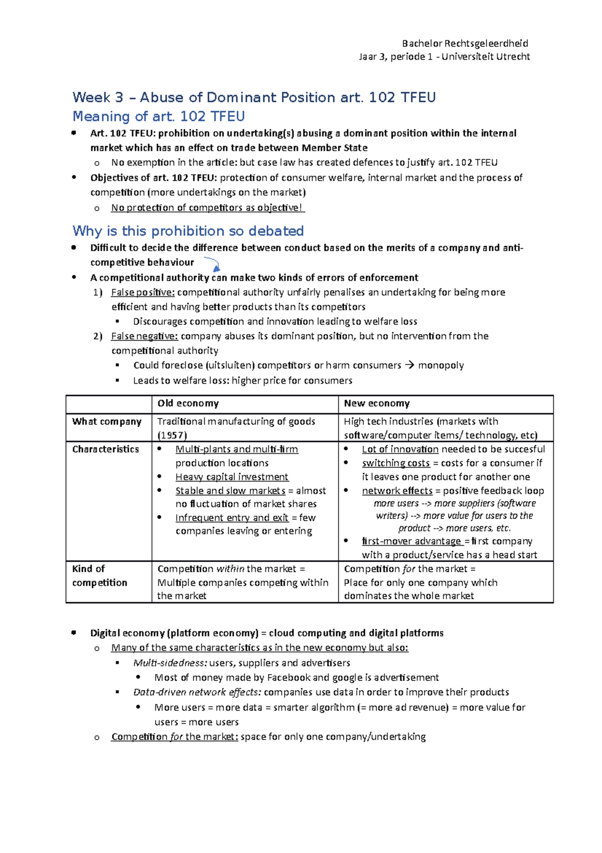 Week 3 - Art. 102 TFEU - European Law Samenvatting Week 3. - Jaar 3 ...