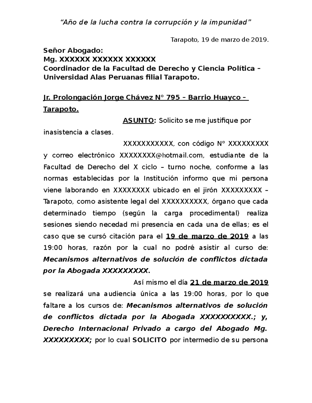 Modelo De Justificación Por Inasistencia A Clases “año De La Lucha