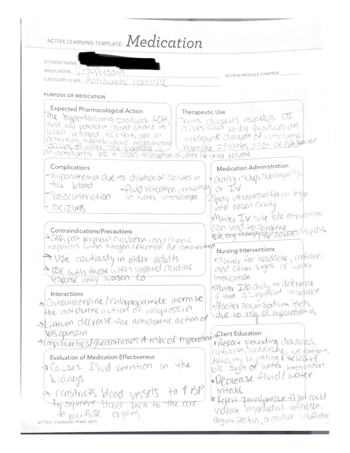 Vasopressin Med Card NURS 306 Studocu