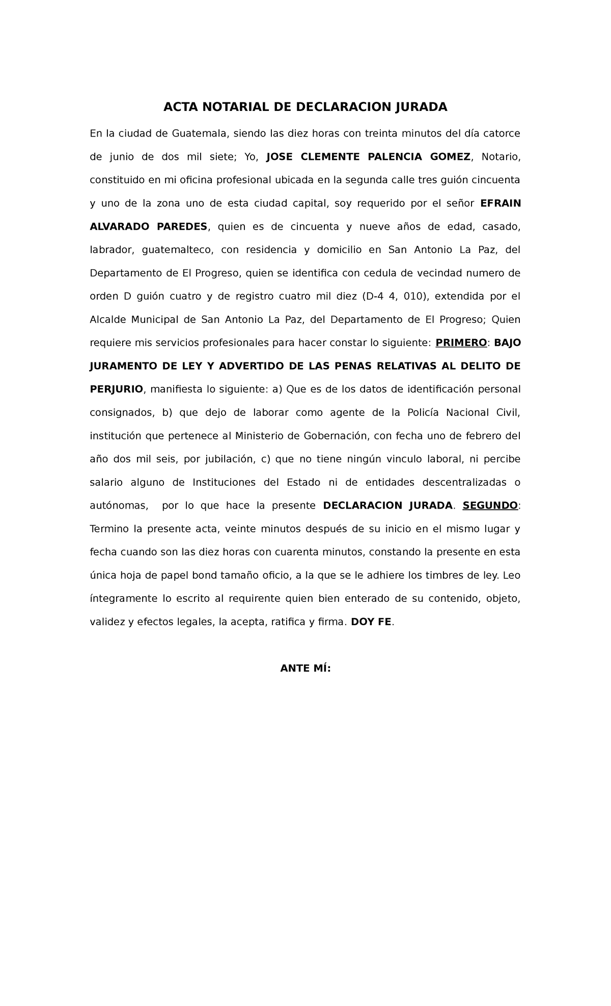 ACTA Notarial DE Declaracion Jurada DON Efrain - ACTA NOTARIAL DE ...
