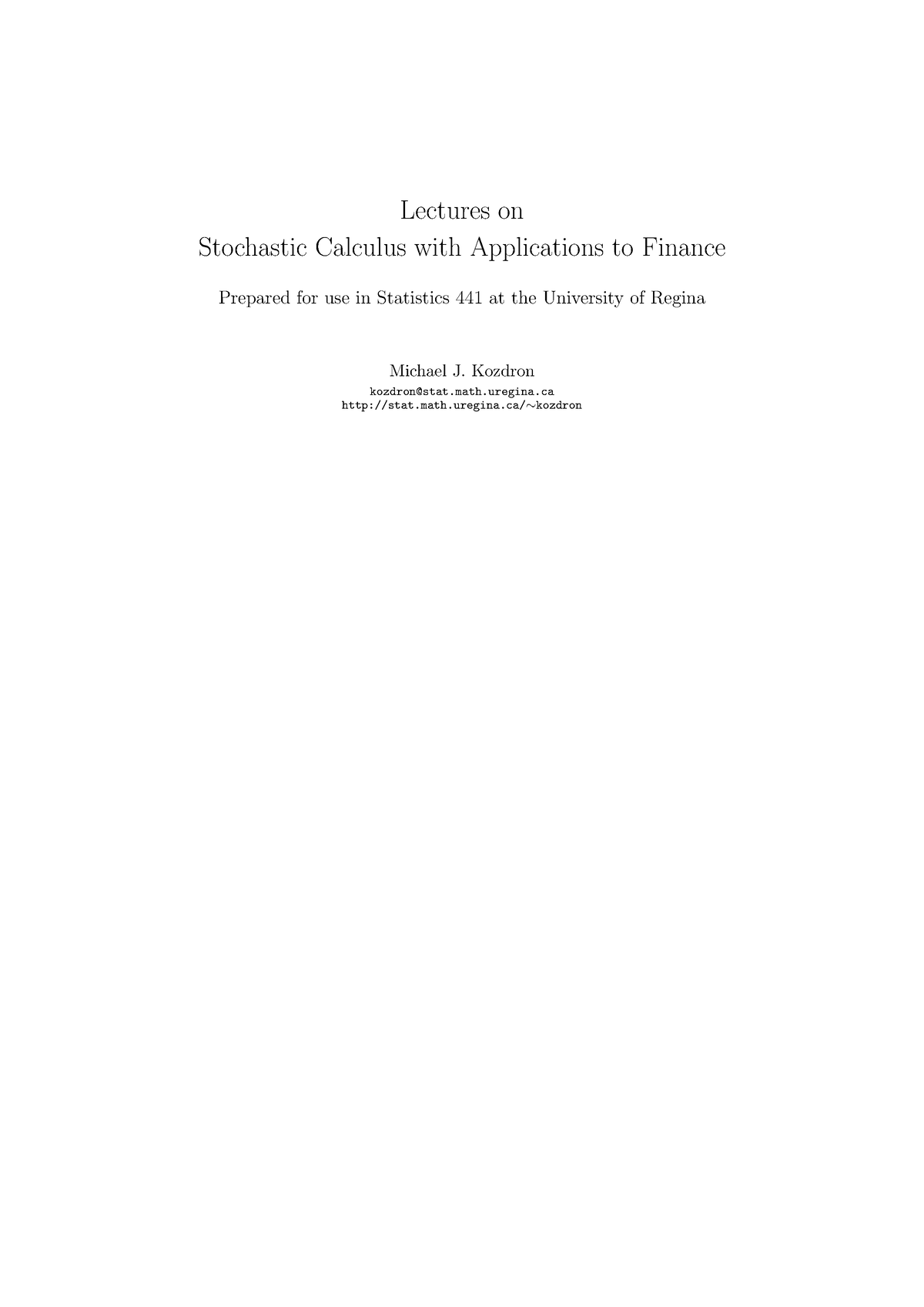 Lecture Notes Math Finance 2 - Lectures On Stochastic Calculus With ...