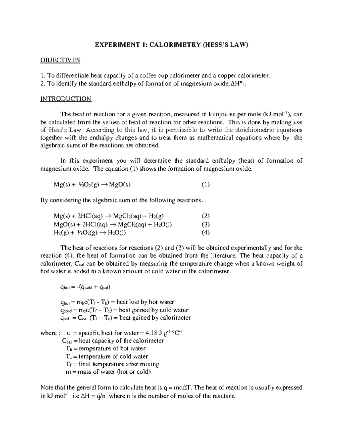 Experiment 1 Calorimetry (Hess law) f2f EXPERIMENT 1 CALORIMETRY