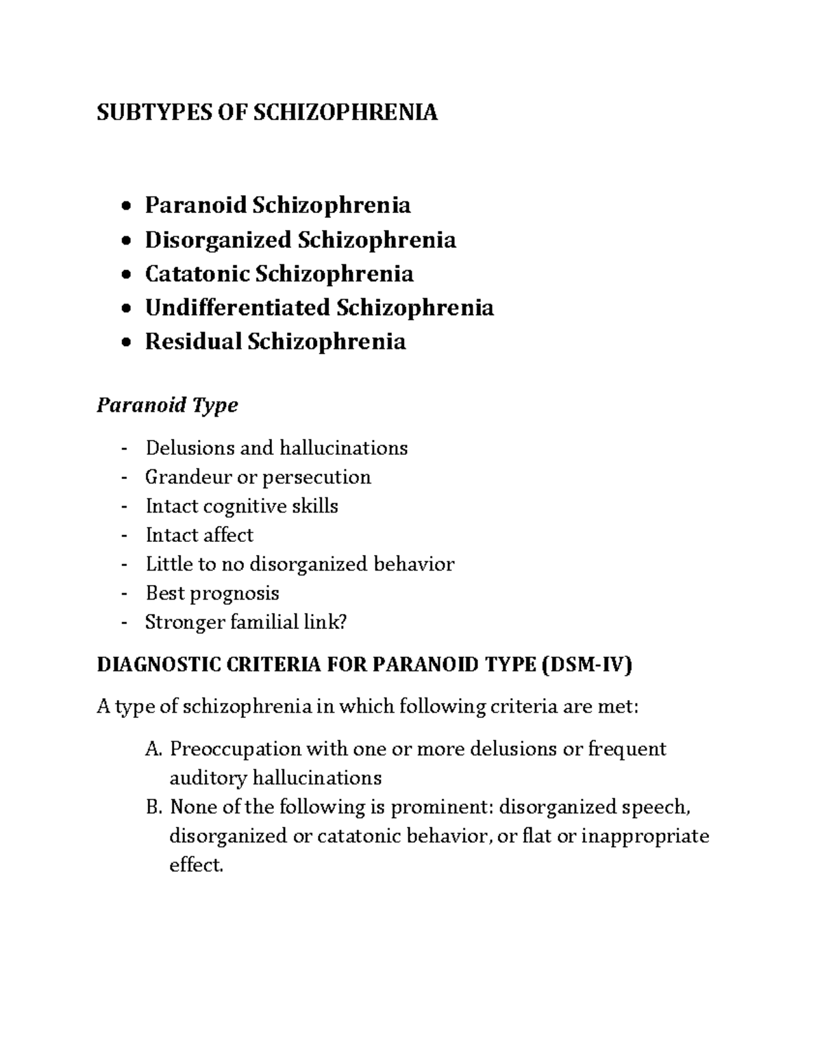Subtypes Of Schizophrenia - BS Psychology - PUP - Studocu