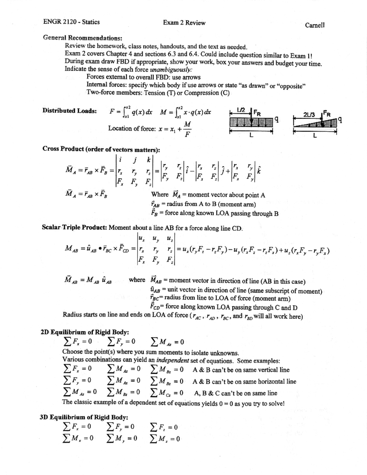 Exam Two Review - ENGR 2120 Statics Exam 2 Review Carnell General ...