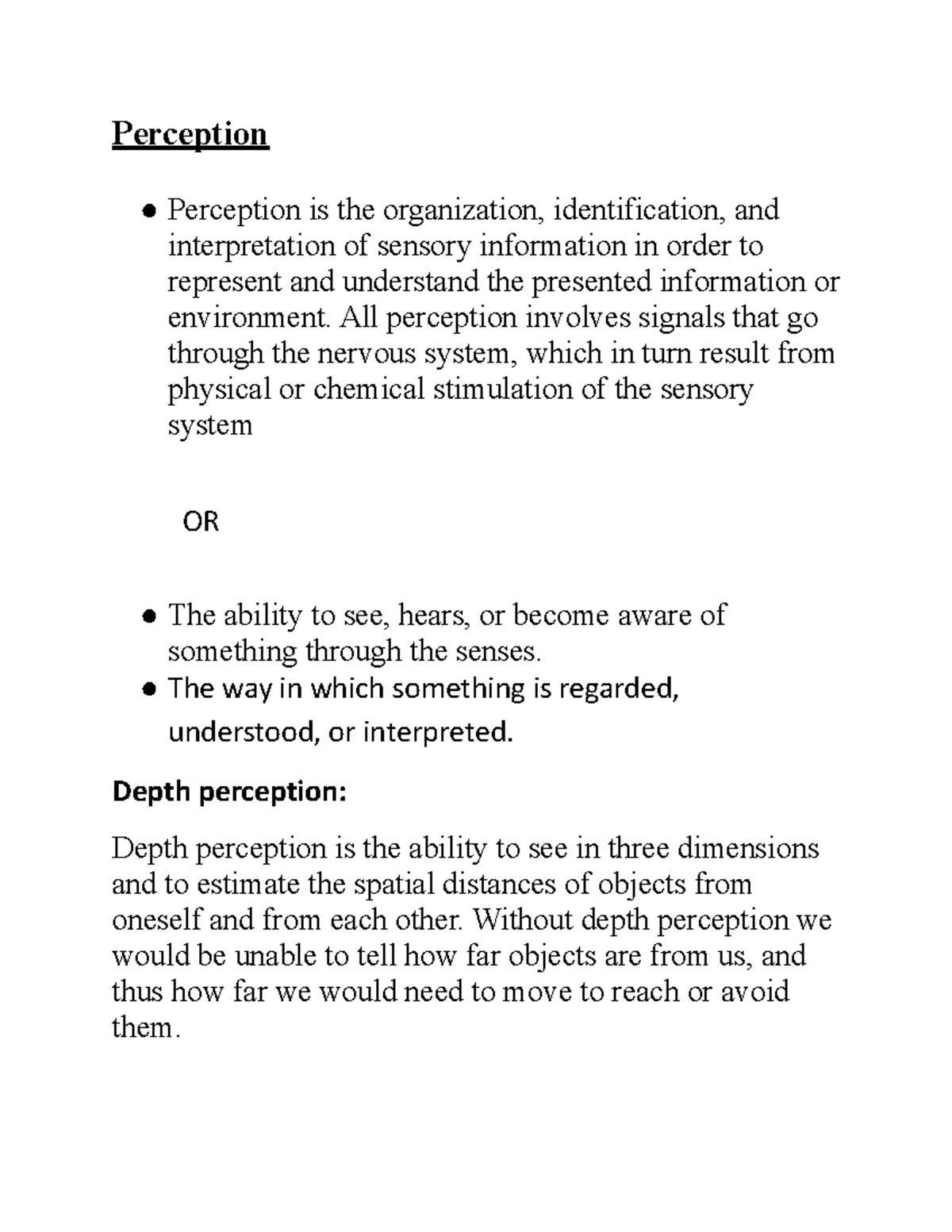 Theo 5 - Study Guide notes. with topics. - Perception Perception is the ...