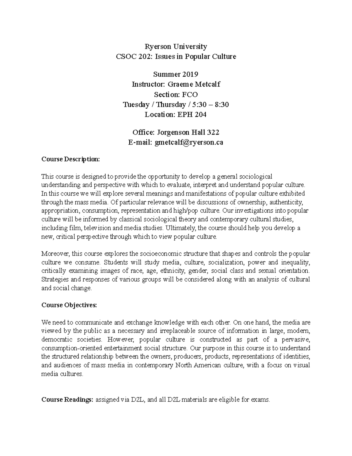 CSOC 202 Spring 2019 FCO Course Outline - Ryerson University CSOC 202 ...
