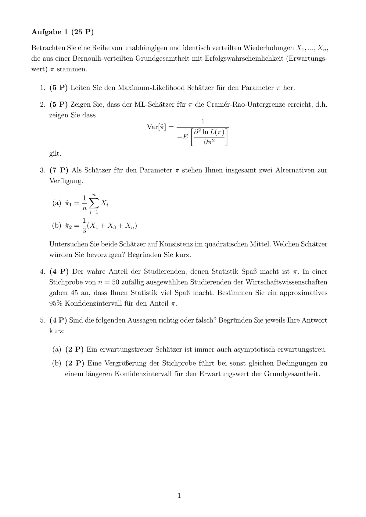 Klausur Wintersemester 2014/2015, Fragen - Aufgabe 1 (25 P) Betrachten ...