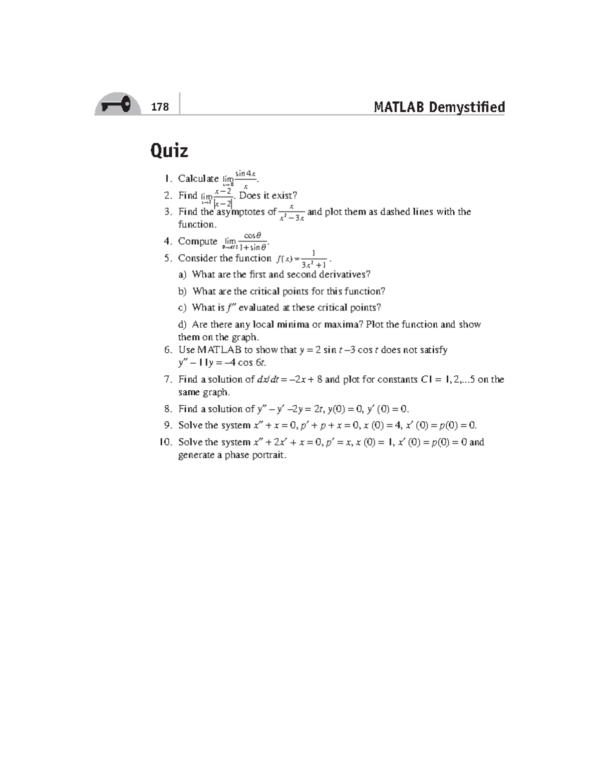 Matlab Demystifi ed Quiz 178 MATLAB Demystified Quiz Calculate lim