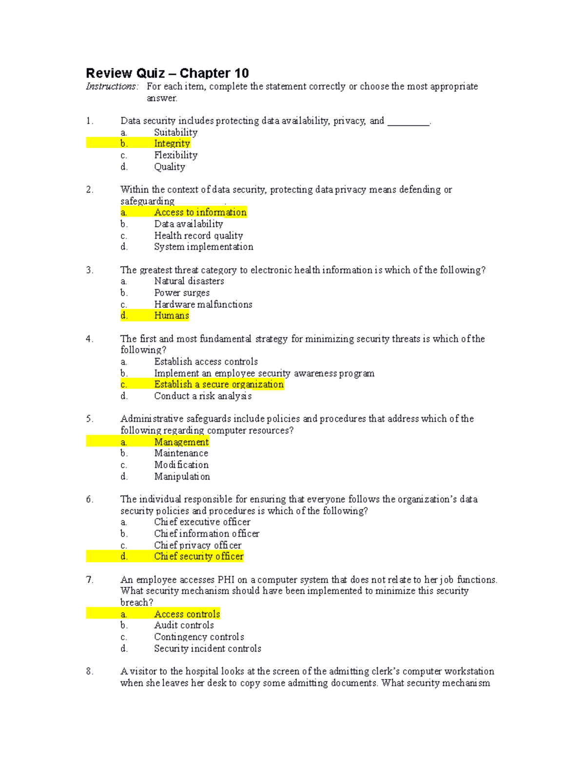 HIMT 1100 - Ch 10 Homework 12 - Review Quiz Chapter 10 Instructions ...