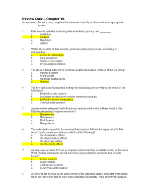 HIMT 1100 - HW Ch 12 And 13.docx Homework - Review Quiz Chapter 12 ...