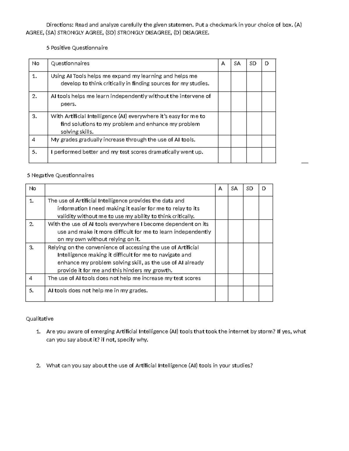 Questionnairess - Directions: Read and analyze carefully the given ...