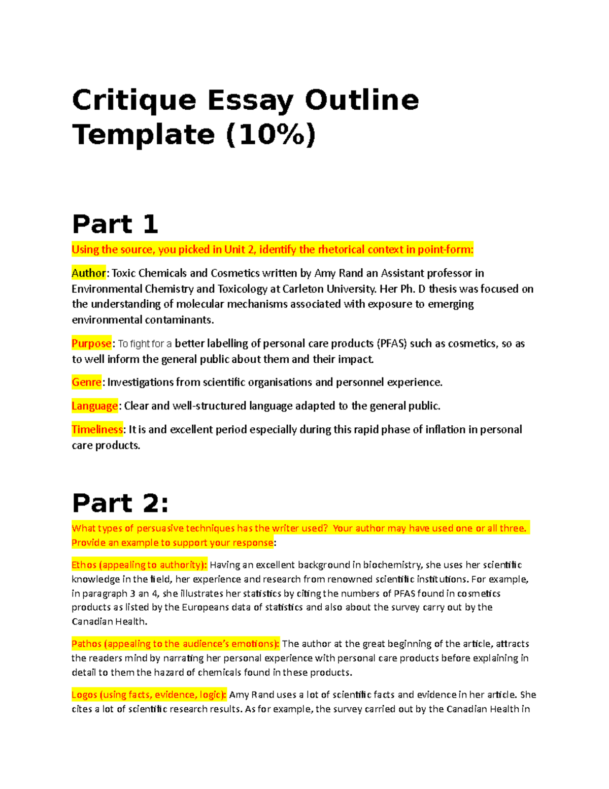 summary critique essay outline