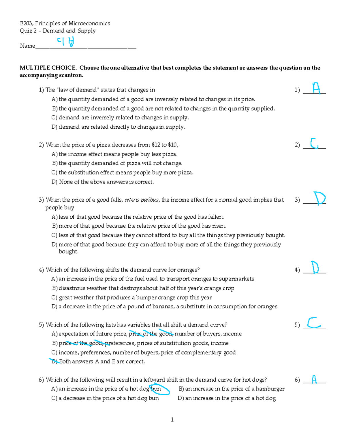 Micro quiz 2 E203, Principles of Microeconomics Quiz 2 Demand and