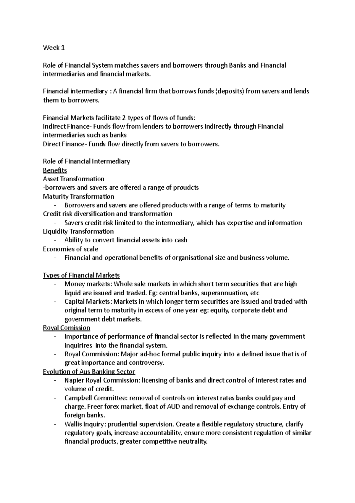 Banking MID SEM Notes - Week 1 Role of Financial System matches savers ...