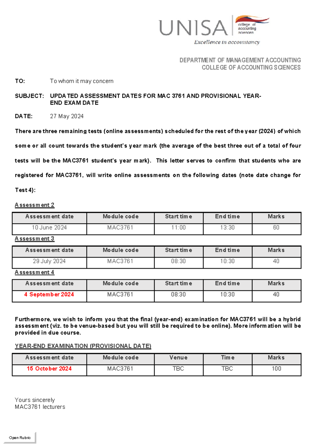 MAC3761 Assessment dates 2024 - DEPARTMENT OF MANAGEMENT ACCOUNTING ...