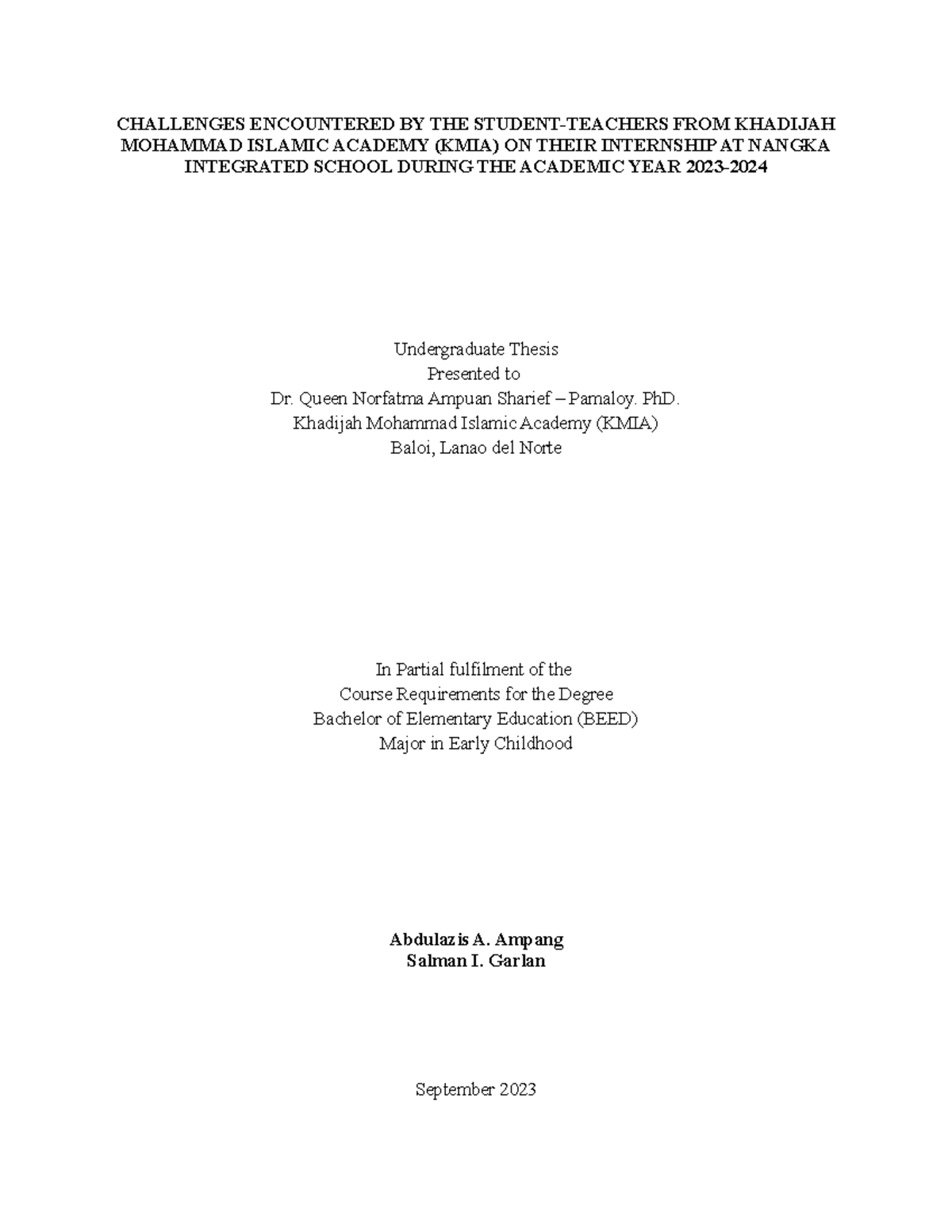 Title, Table OF Contents AND Questionnaire - CHALLENGES ENCOUNTERED BY ...