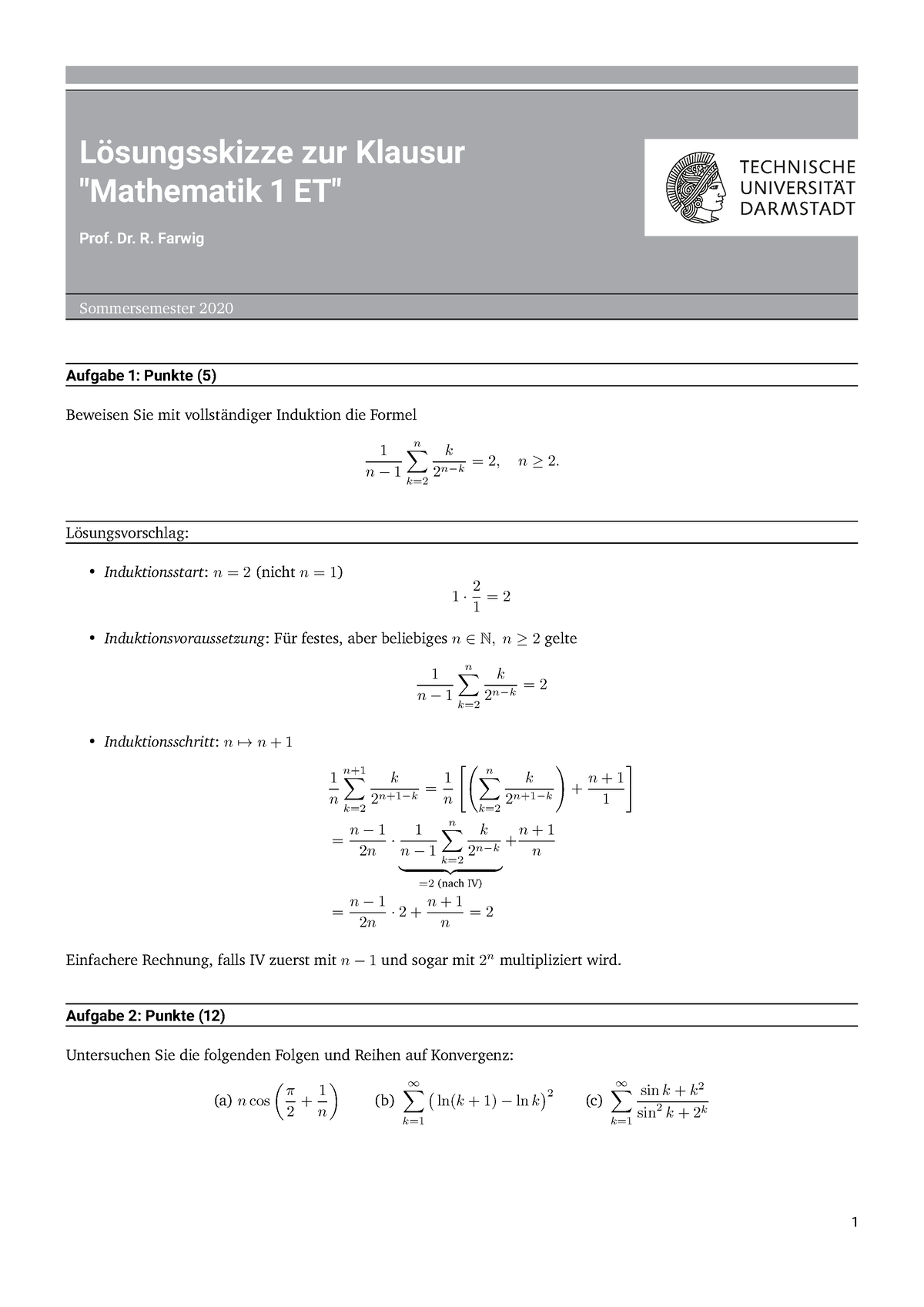 Klausur Mathe 1et Sose2020 Loesung - Lösungsskizze Zur Klausur ...