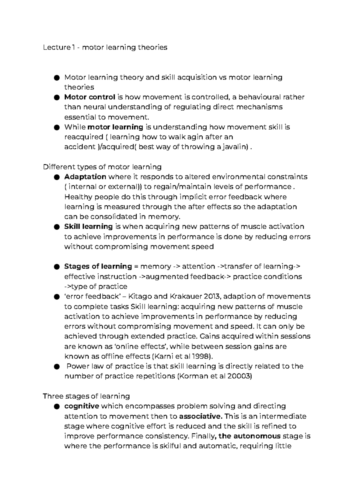 Motor learning notes - Lecture 1 - motor learning theories Motor ...