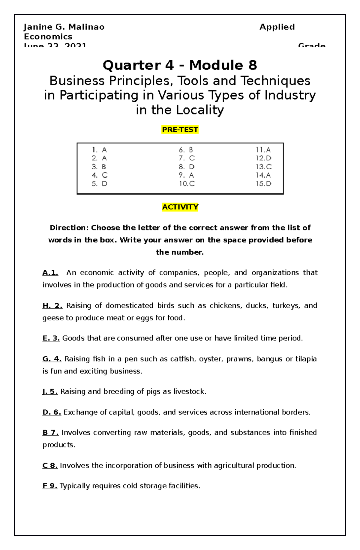 Applied Economics Q3 M8 - Quarter 4 - Module 8 Business Principles ...