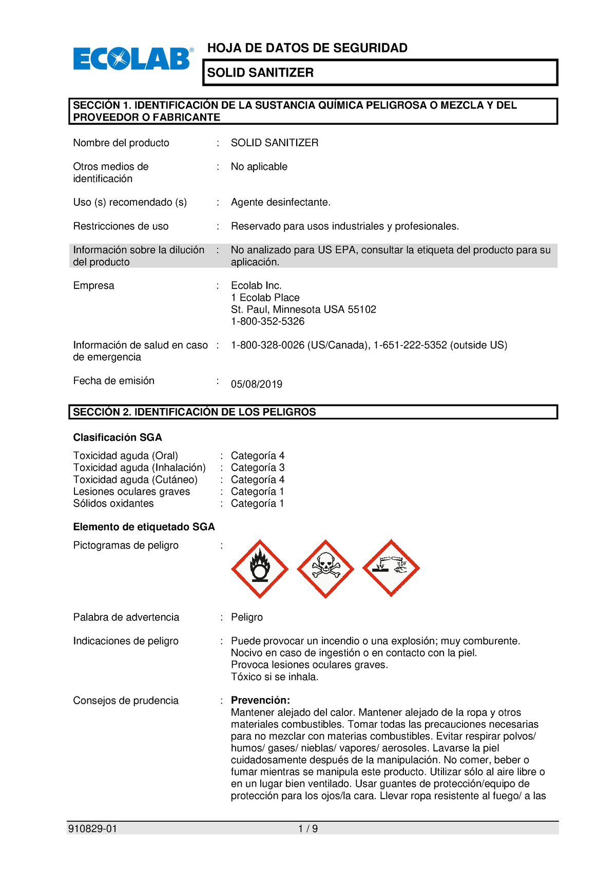 Sanitizante Hoja De Seguridad Solid Sanitizer SecciÓn 1 IdentificaciÓn De La Sustancia 4734