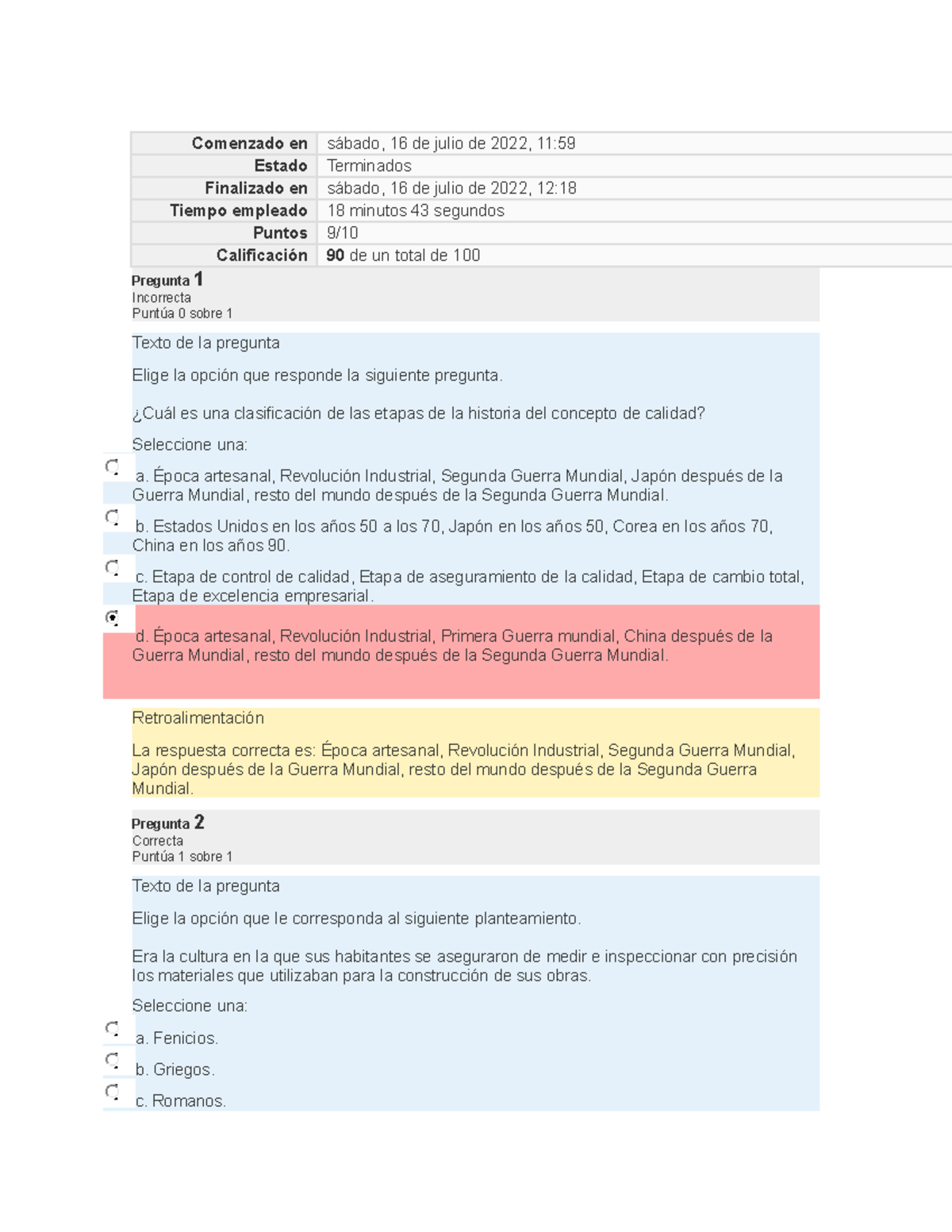 Examen Calidad 1intento - Comenzado en sábado, 16 de julio de 2022, 11 ...