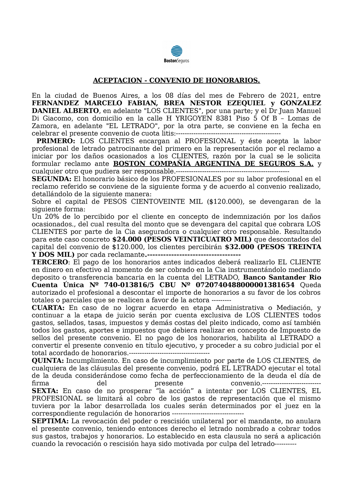Modelo De Convenio Cuota Litis Final Aceptacion Convenio De Honorarios En La Ciudad De 4753