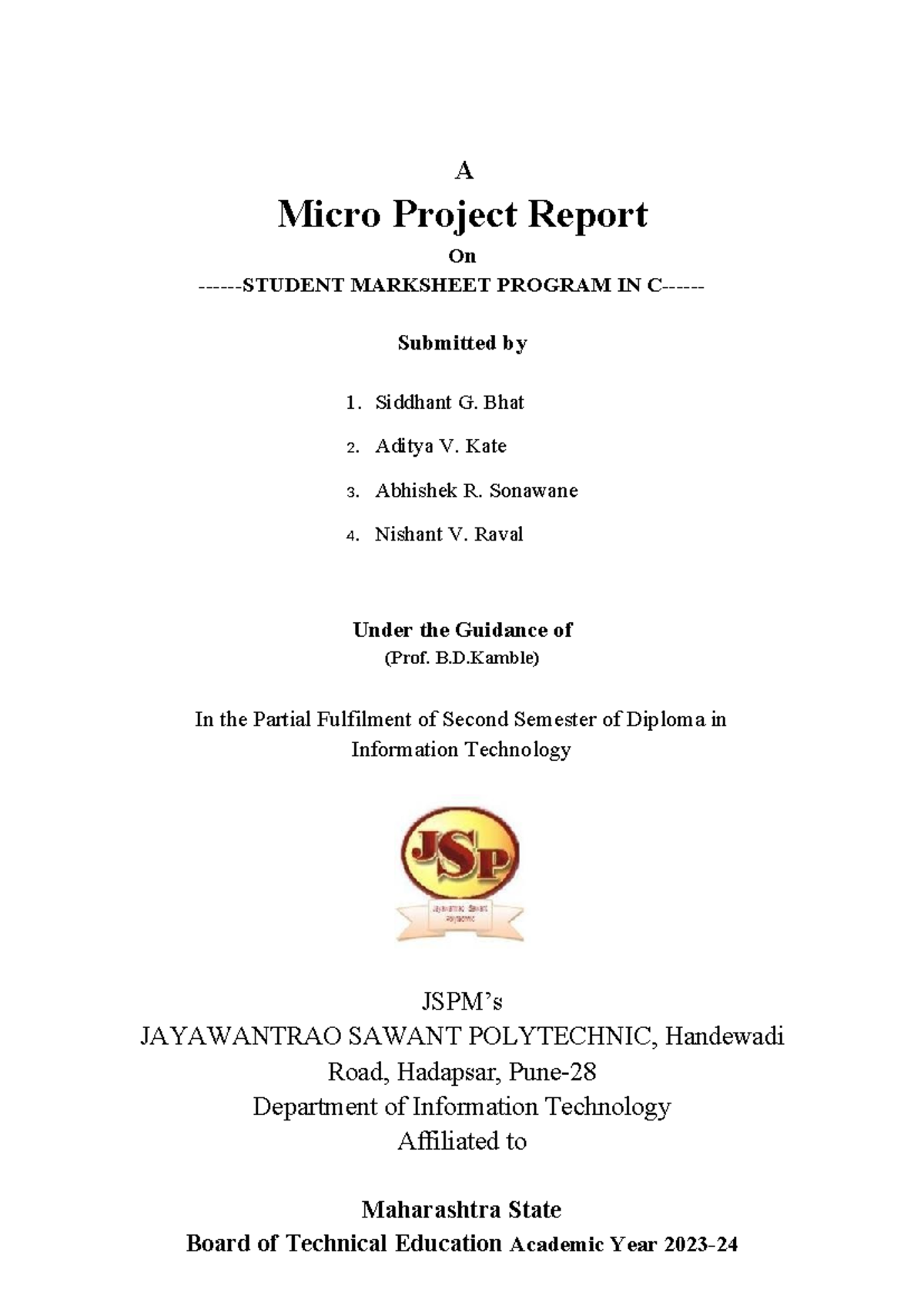 PIC Microproject - A Micro Project Report On -STUDENT MARKSHEET PROGRAM ...
