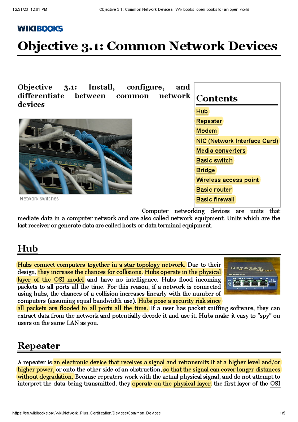 Objective 3.1 Common Network Devices - Wikibooks - Hub Repeater Modem ...