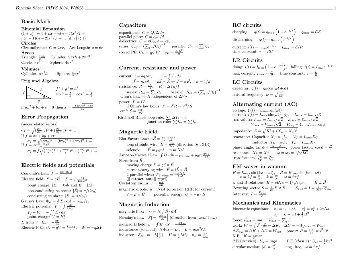 Formula Sheet - .. (if |x|