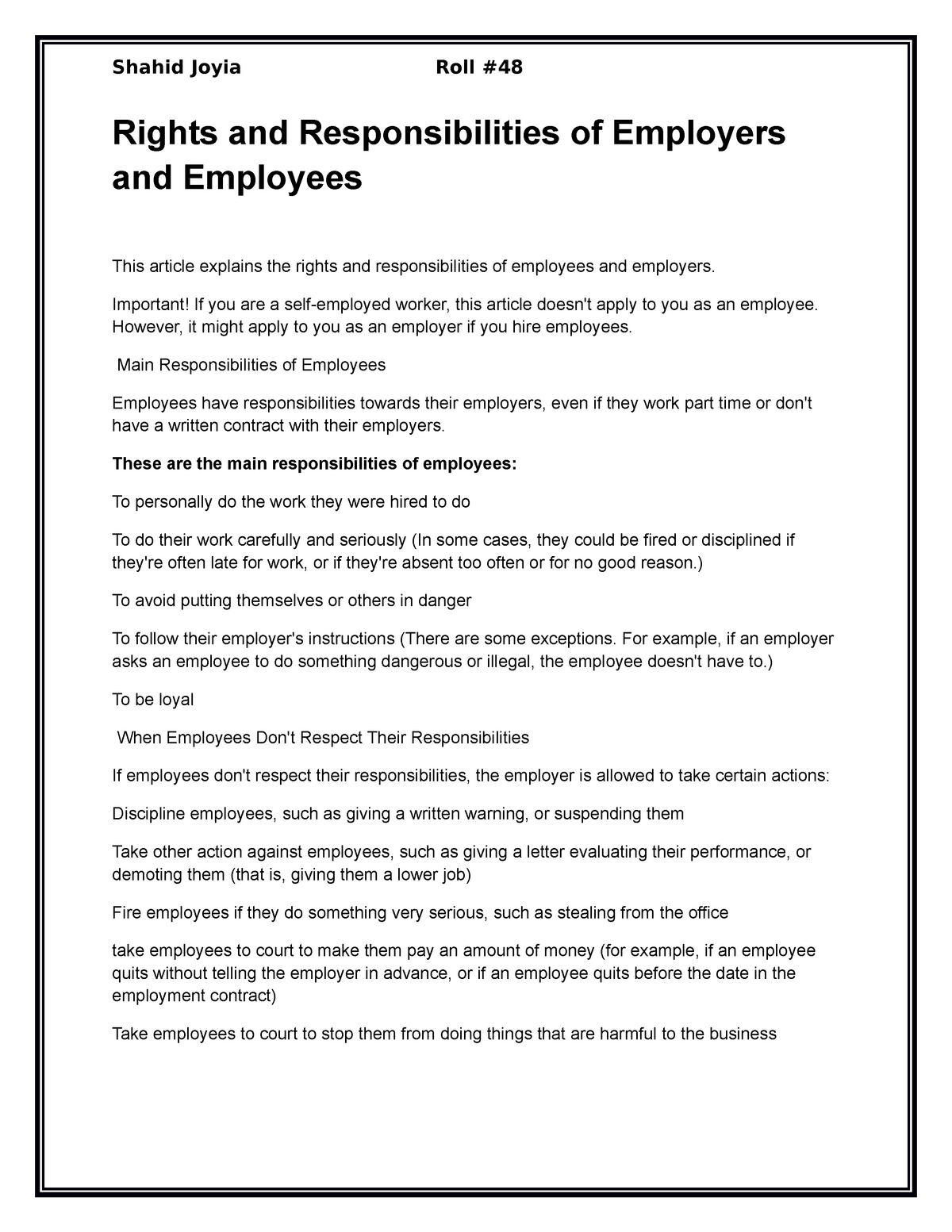 case study employee rights and responsibilities