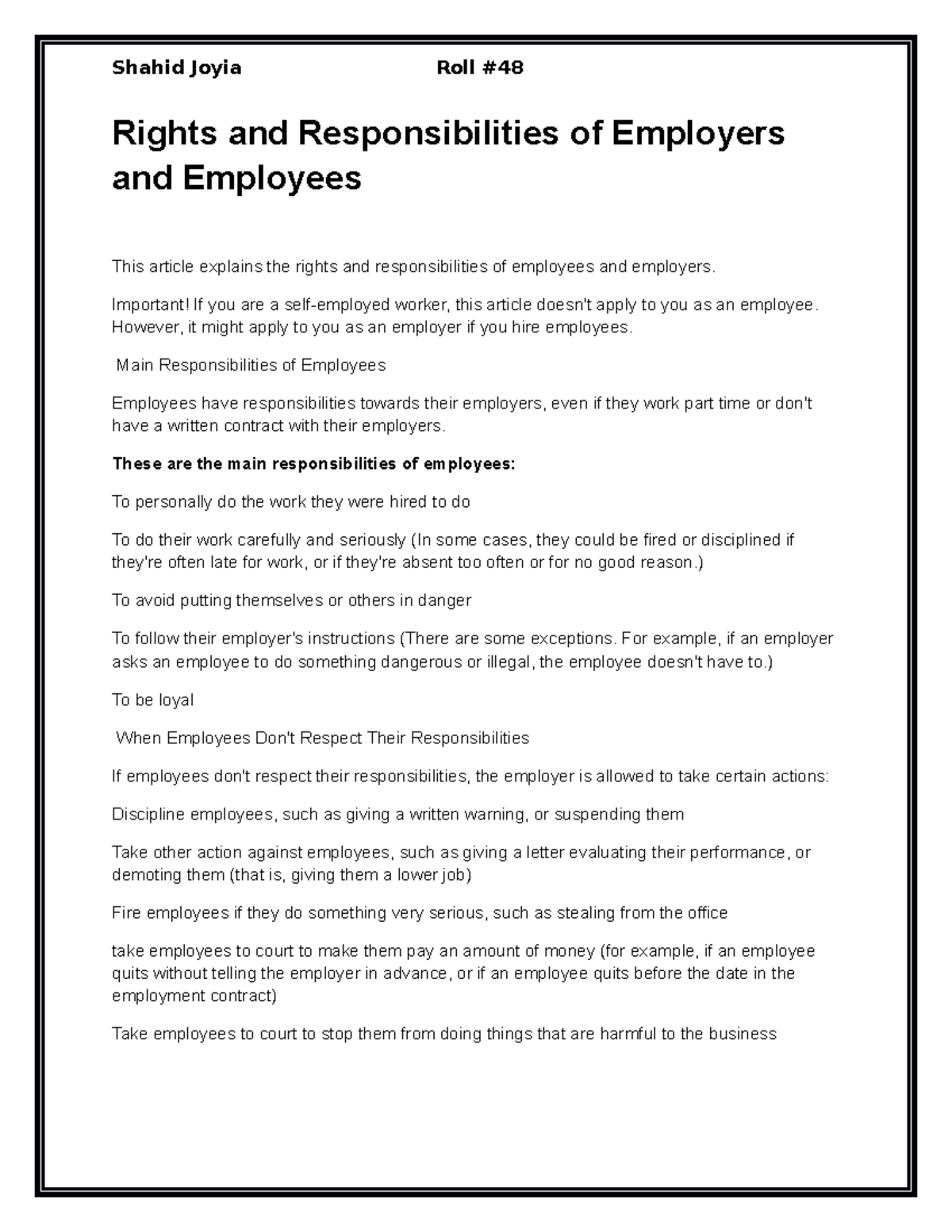 case study employee rights and responsibilities