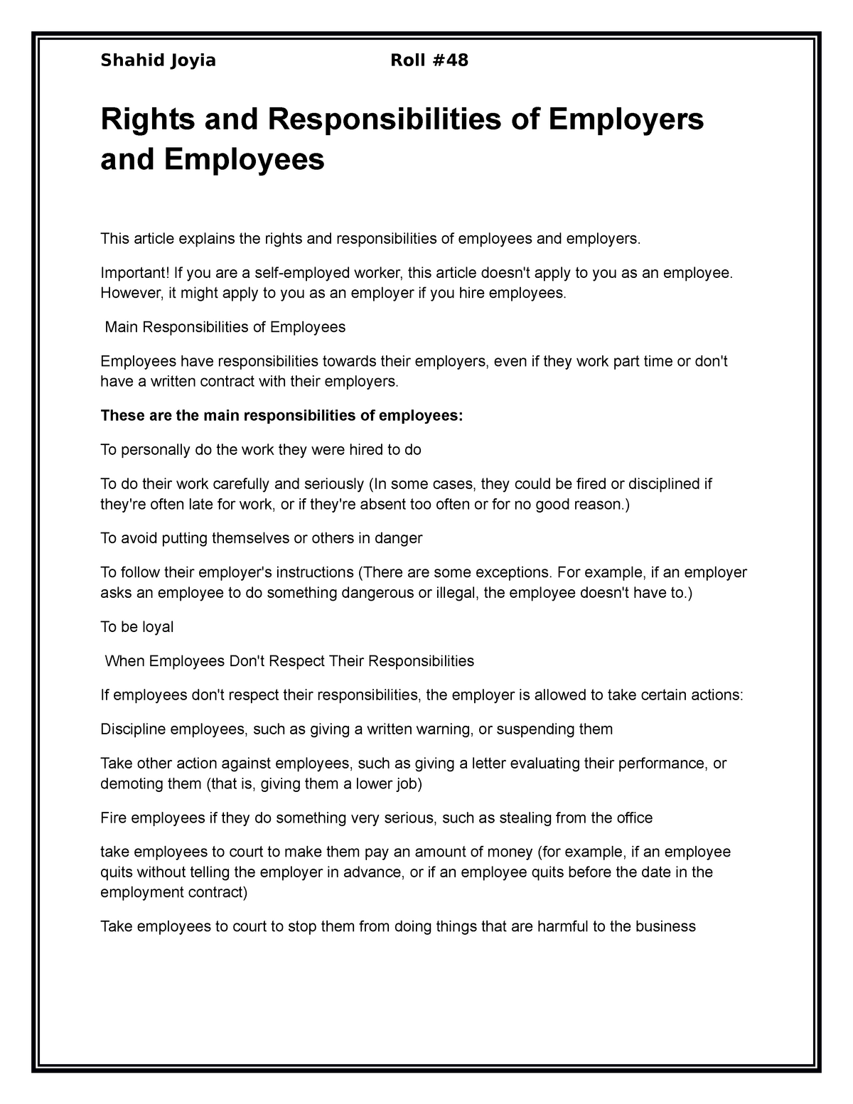 Rights And Responsibilities Of Employers And Employees Shahid Joyia 