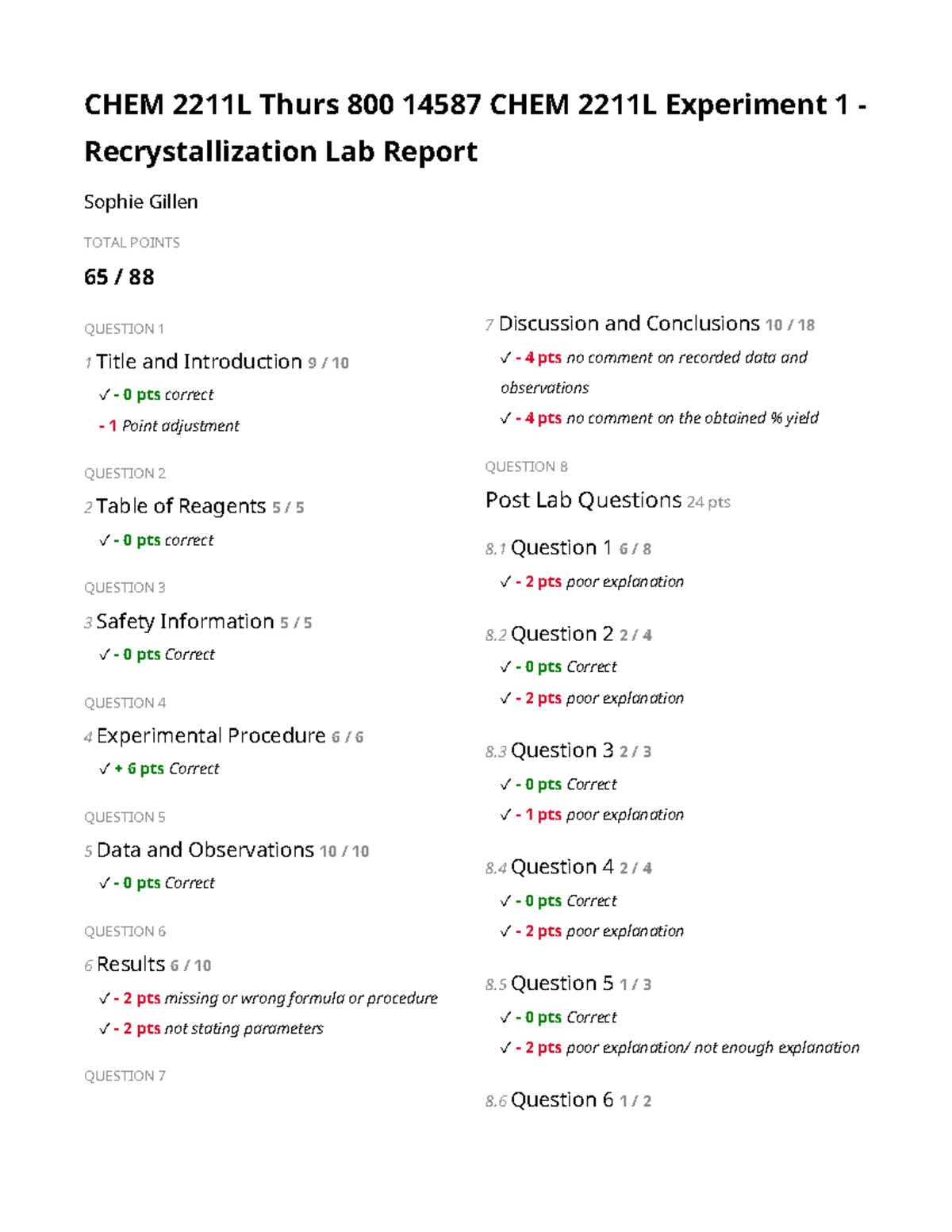 Exp 1 - Lab Report - CHEM 2211L Thurs 800 14587 CHEM 2211L Experiment 1 ...