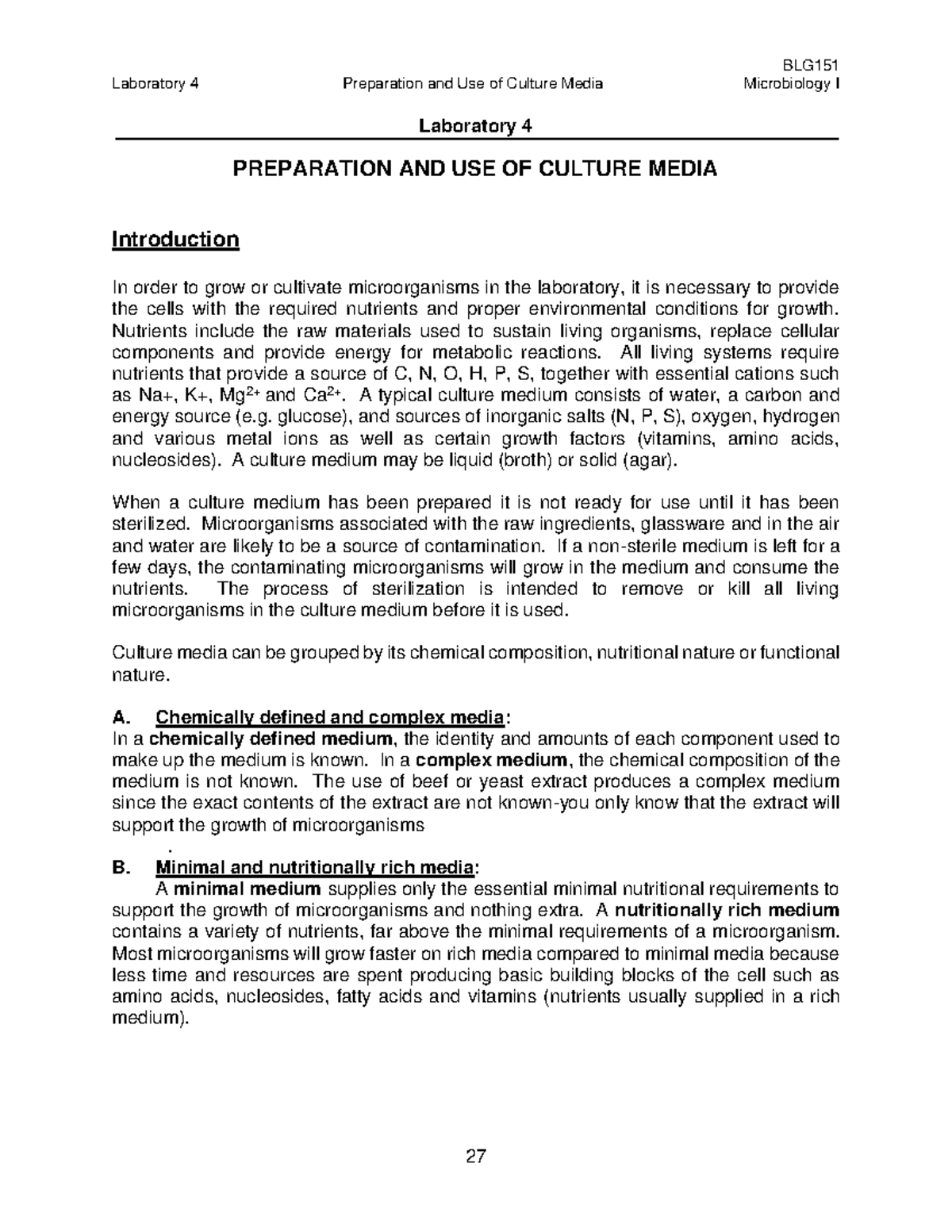 BLG151 Lab 4 Media F2022 Laboratory 4 Preparation and Use of Culture