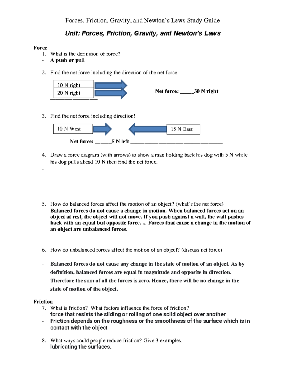 Study Guide Force Friction Gravity and Newton - Forces, Friction ...