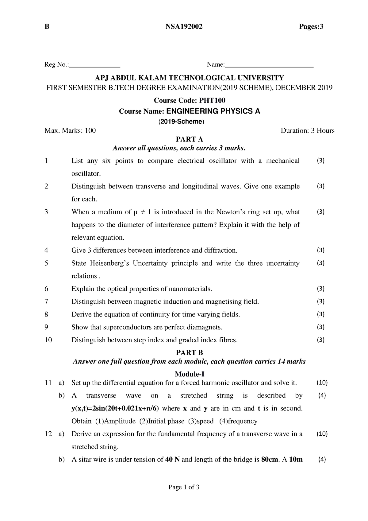 PHT100-QP December 2019 - B NSA192002 Pages: Page 1 Of 3 Reg No ...