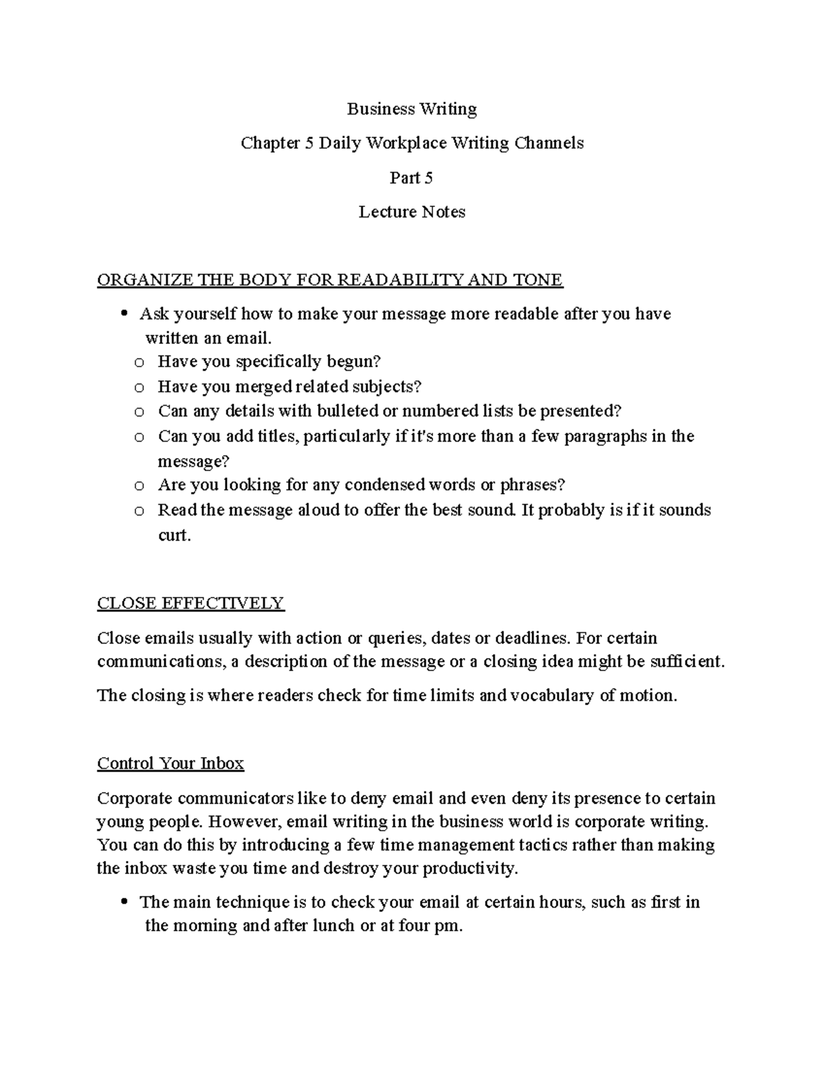 Business Writing Lecture Notes Ch 5 Part 5 - Business Writing Chapter 5 ...